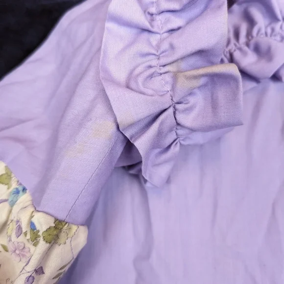 Vintage Handmade Purple Floral Ruffle Neck Short Sleeve Dress - Picture 7 of 7